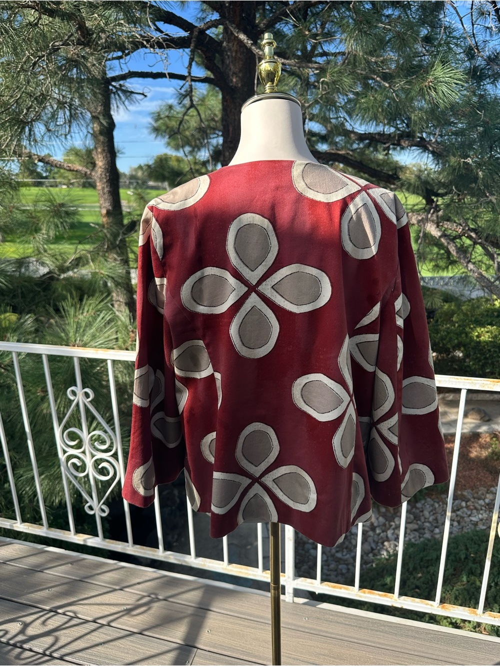 Chico's Red/ Rust  and Cream Open-Front Patterned Jacket - Picture 2 of 4
